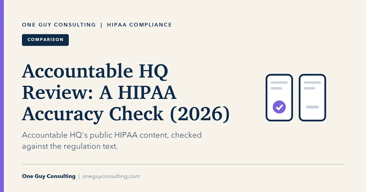 Accountable HQ review cover: its HIPAA content checked against the regulation text