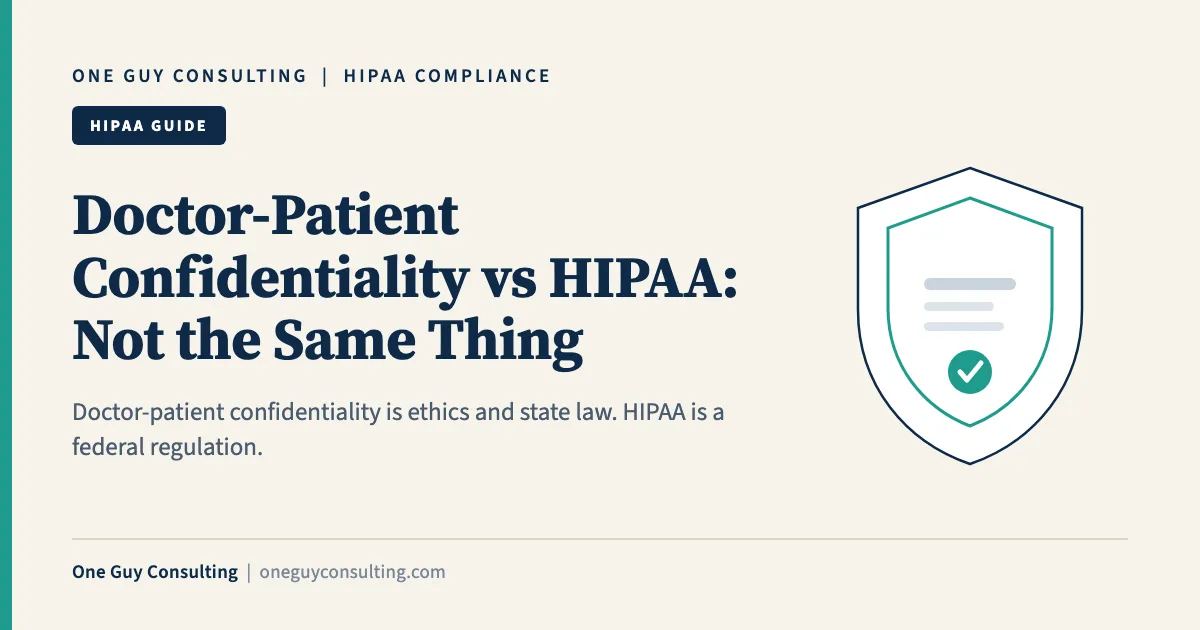 Doctor-patient confidentiality vs HIPAA article cover from One Guy Consulting