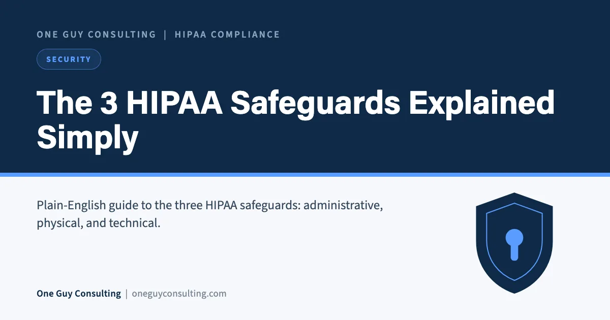 The 3 HIPAA Safeguards Explained Simply: One Guy Consulting article cover, Security category