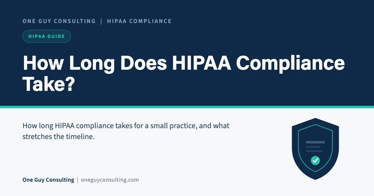 How Long Does HIPAA Compliance Take?: One Guy Consulting article cover, HIPAA Guide category