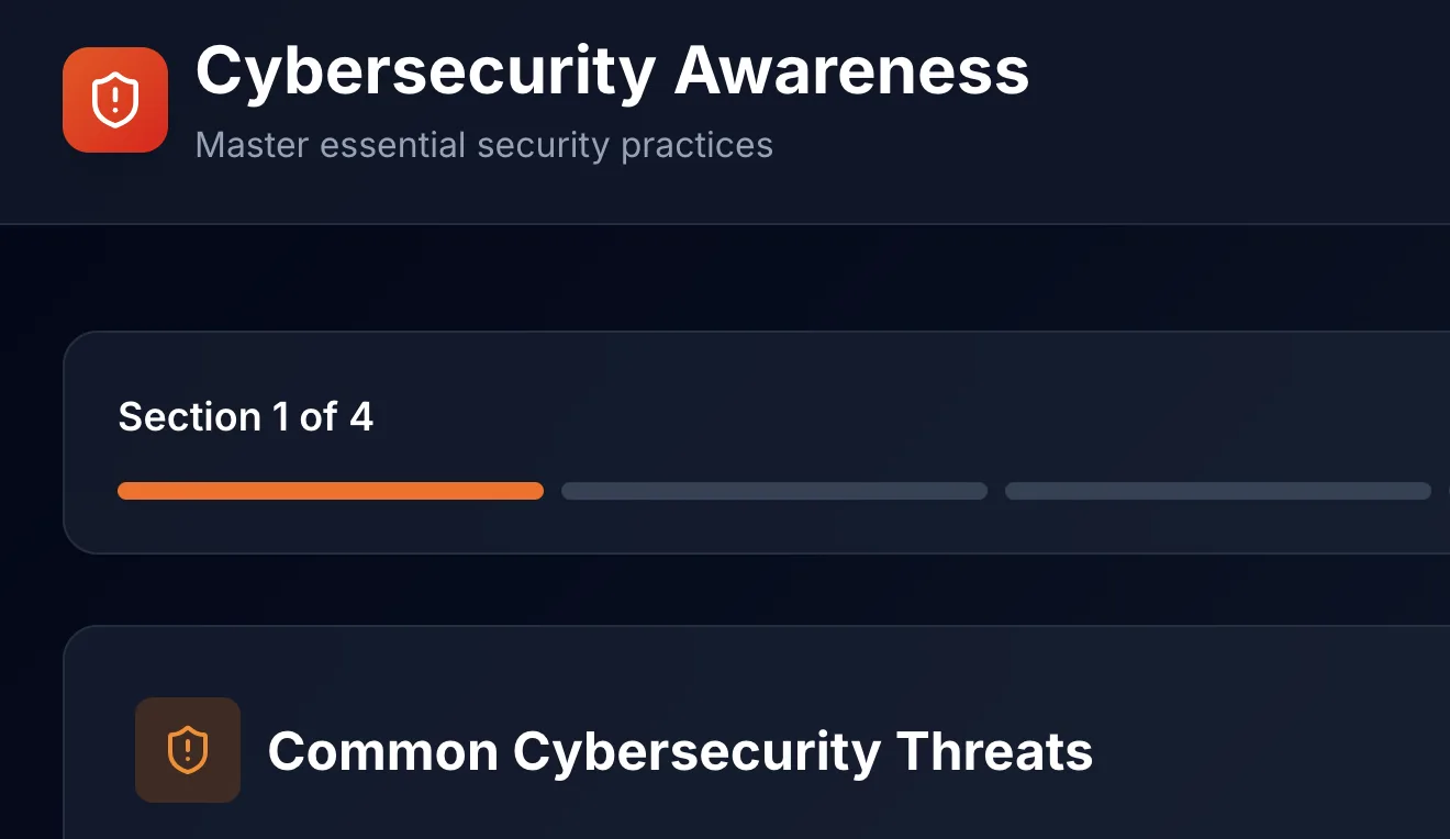 Cybersecurity Awareness training module showing Common Cybersecurity Threats section