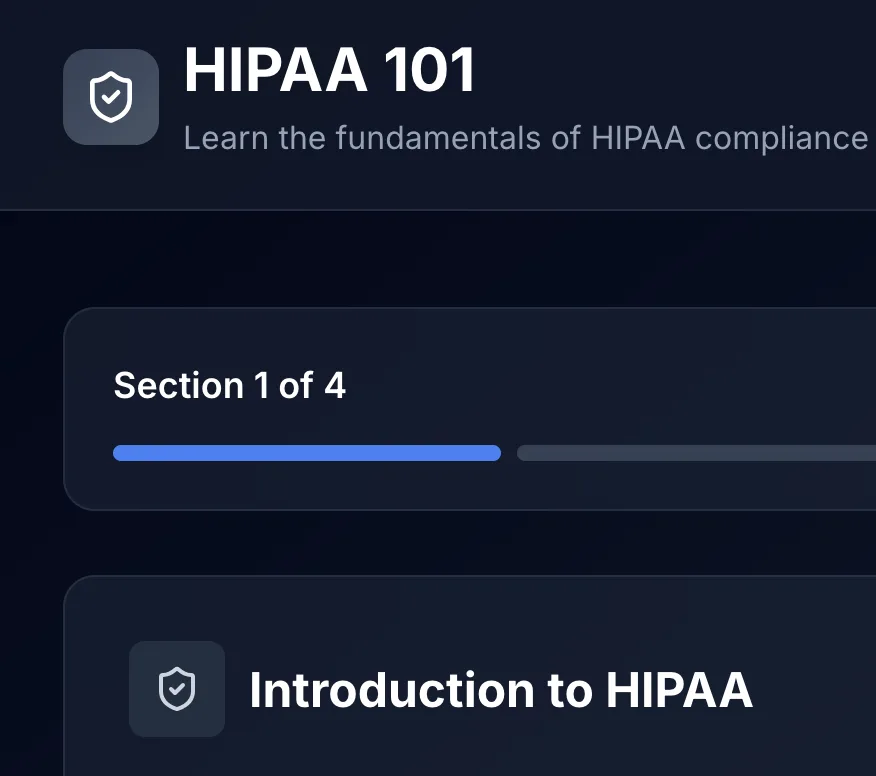 HIPAA 101 training module showing Introduction to HIPAA section with progress indicator