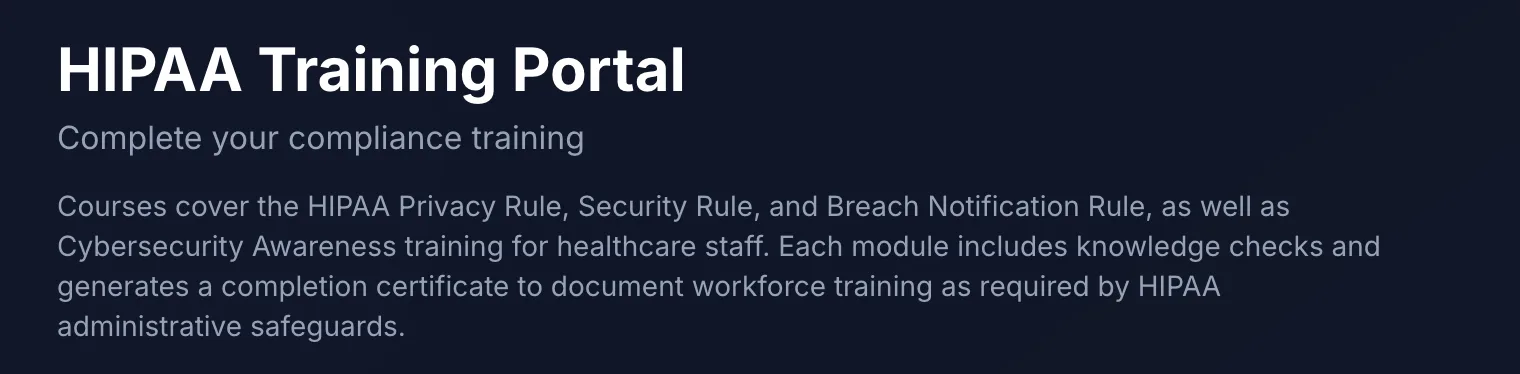 HIPAA Training Portal landing page showing available compliance training courses