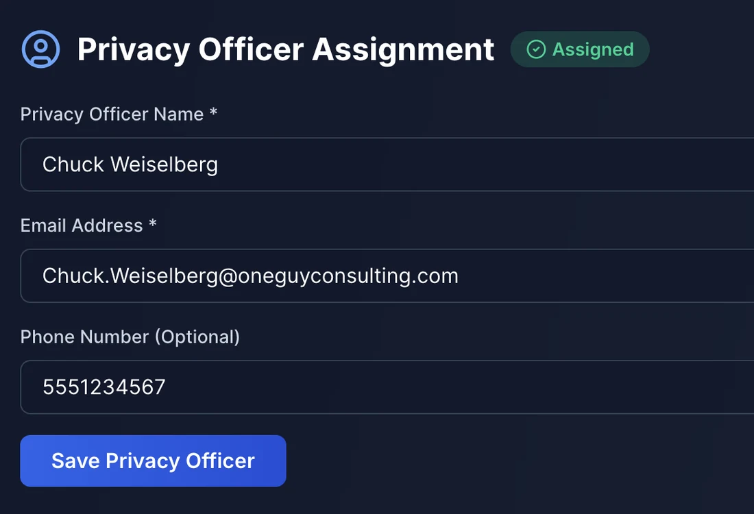 Privacy Officer Assignment screen in the portal with a green Assigned badge after saving