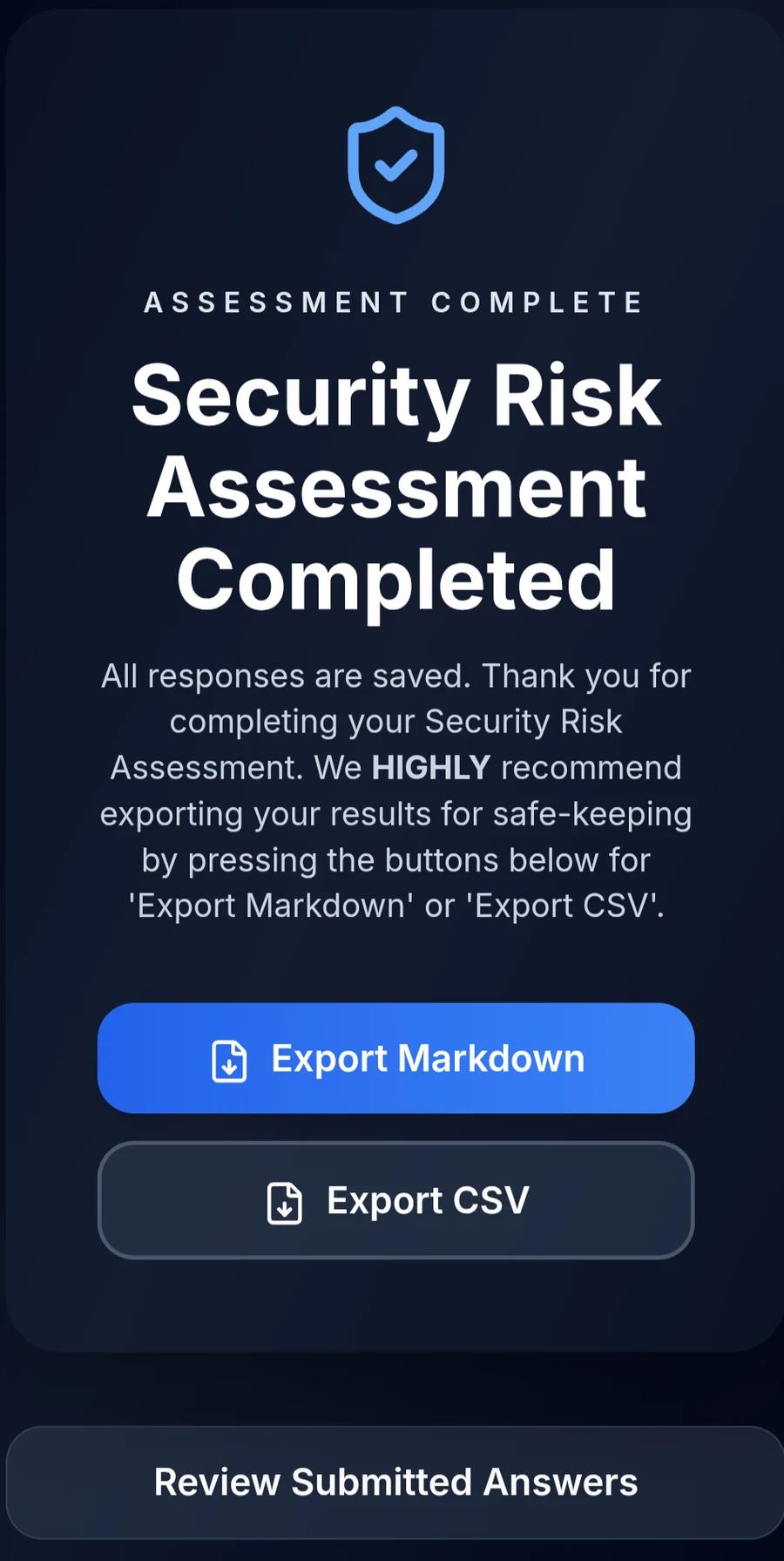 Security Risk Assessment marked complete in the portal with Export Markdown and Export CSV buttons