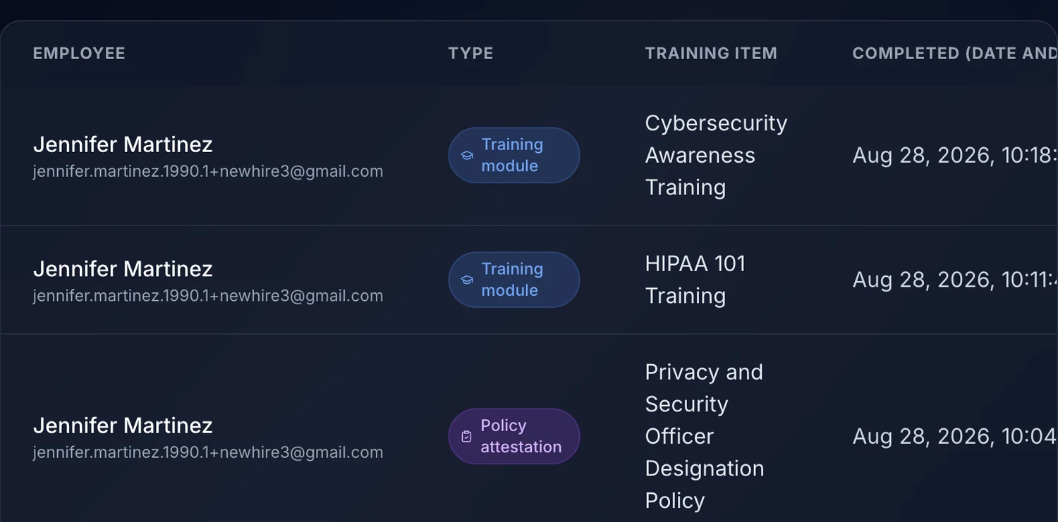 Training records table in the One Guy Consulting portal showing completed training modules and policy attestations with dates