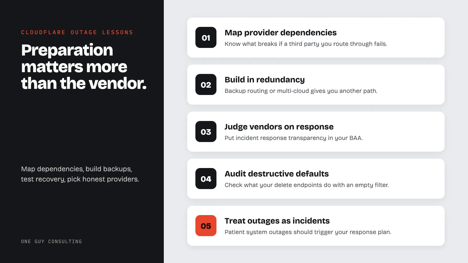 Diagram: business continuity lessons from the February 2026 Cloudflare outage: map provider dependencies, build in redundancy, judge vendors on response, audit destructive defaults, treat outages as incidents.