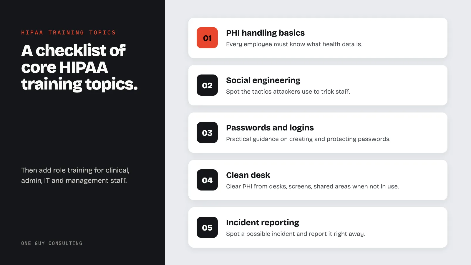 Diagram: core HIPAA training topics: PHI handling basics, social engineering, passwords and logins, clean desk, incident reporting.
