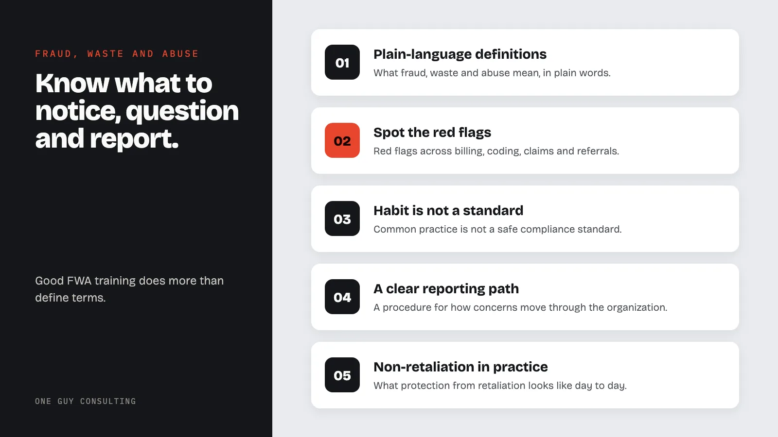 Diagram: what fraud, waste and abuse training should cover: plain-language definitions, spot the red flags, habit is not a standard, a clear reporting path, non-retaliation in practice.