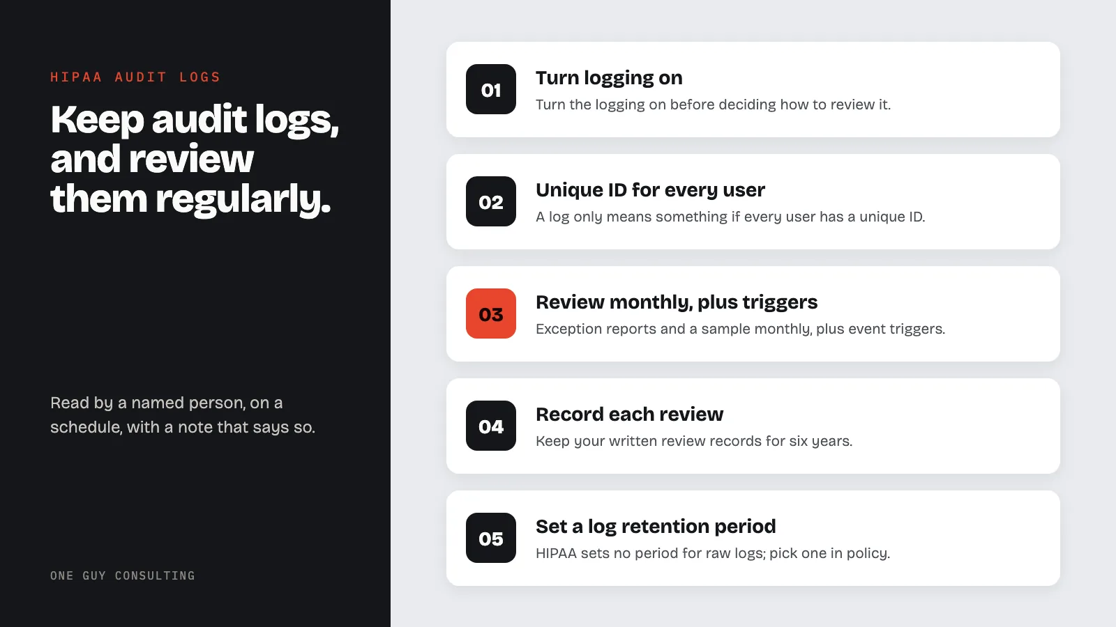 Diagram: five steps for HIPAA audit logs: turn logging on; unique ID for every user; review monthly, plus triggers; record each review; set a log retention period.