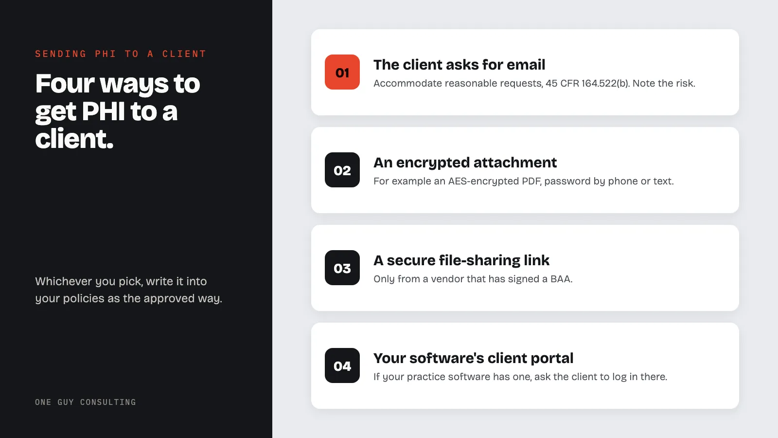 Diagram: four ways a therapist can send PHI to a client without an encrypted portal