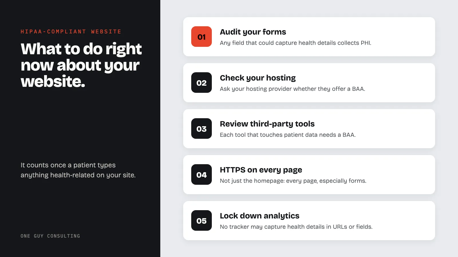 Diagram: five steps to take now for a HIPAA-compliant practice website: audit your forms, check your hosting, review third-party tools, HTTPS on every page, lock down analytics.
