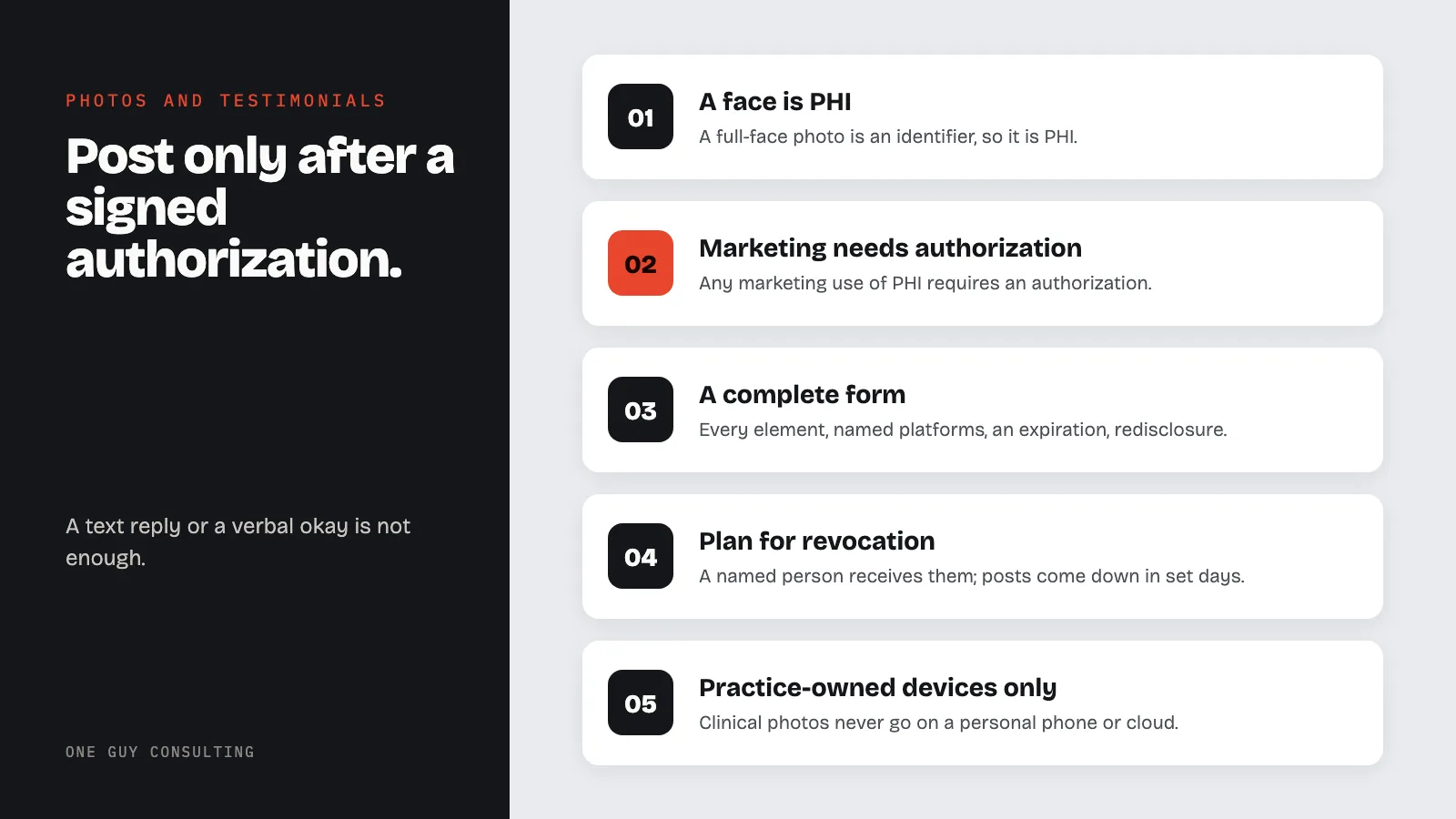 Diagram: rules for patient photos and testimonials: a face is PHI, marketing needs authorization, a complete form, plan for revocation, practice-owned devices only.