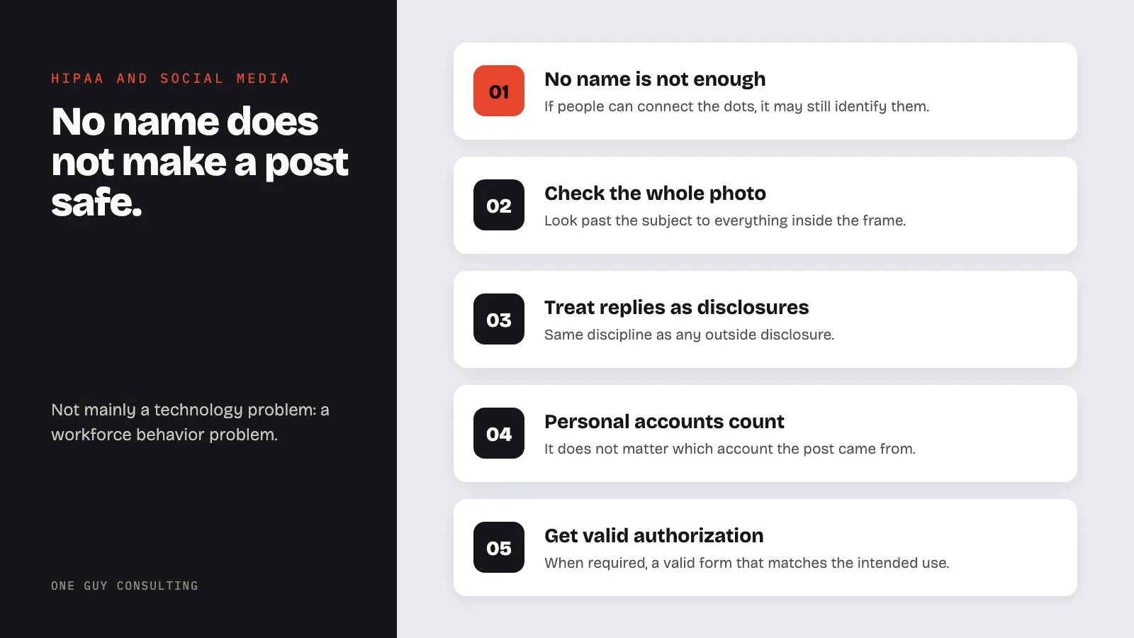 Diagram: five HIPAA social media guardrails for healthcare staff: no name is not enough, check the whole photo, treat replies as disclosures, personal accounts count, get valid authorization.
