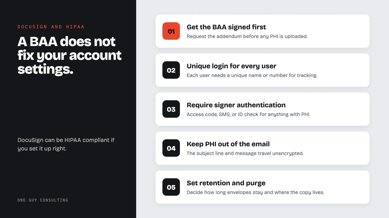Diagram: setting up DocuSign for HIPAA: get the BAA signed first, unique login for every user, require signer authentication, keep PHI out of the email, set retention and purge.