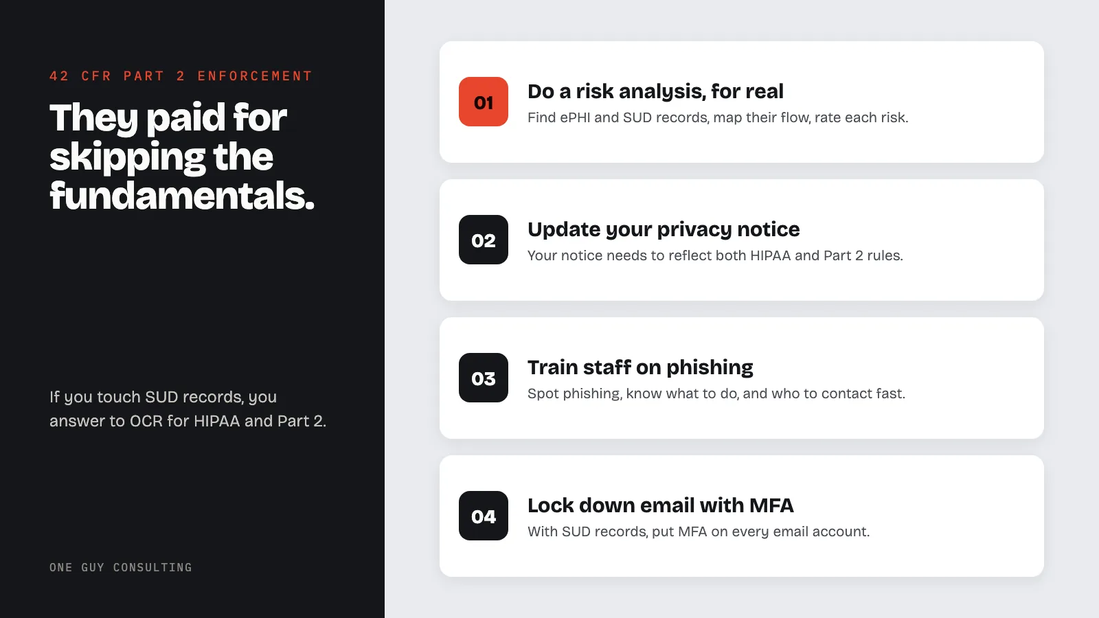 Diagram: four things SUD treatment providers should do now; do a risk analysis, for real; update your privacy notice; train staff on phishing; lock down email with MFA.
