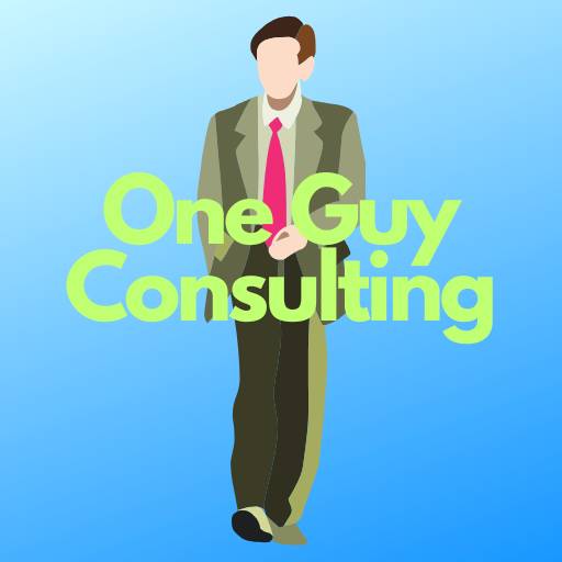 One Guy Consulting logo, a stylized businessman in a suit walking, with the company name in green