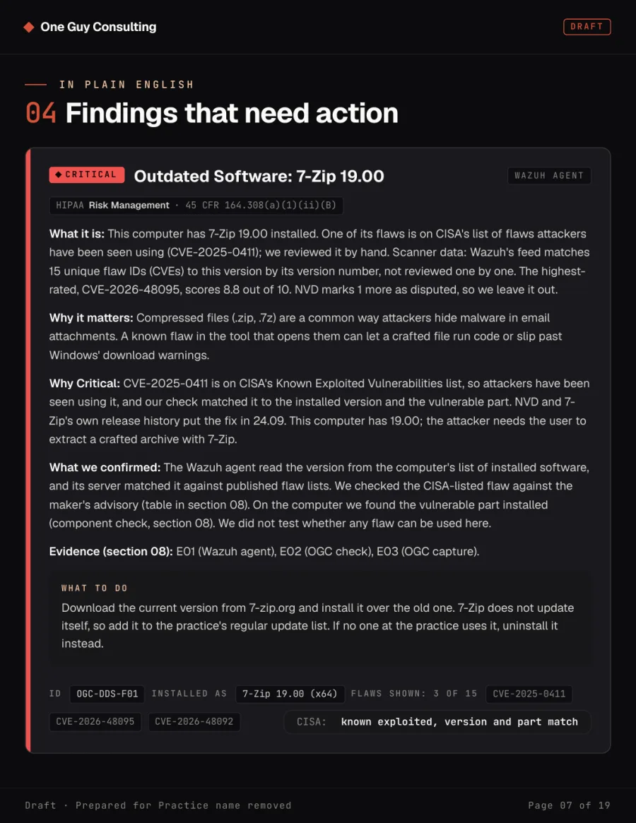 Sample report page: a Critical finding for 7-Zip 19.00, with what it is, why it matters and what to do