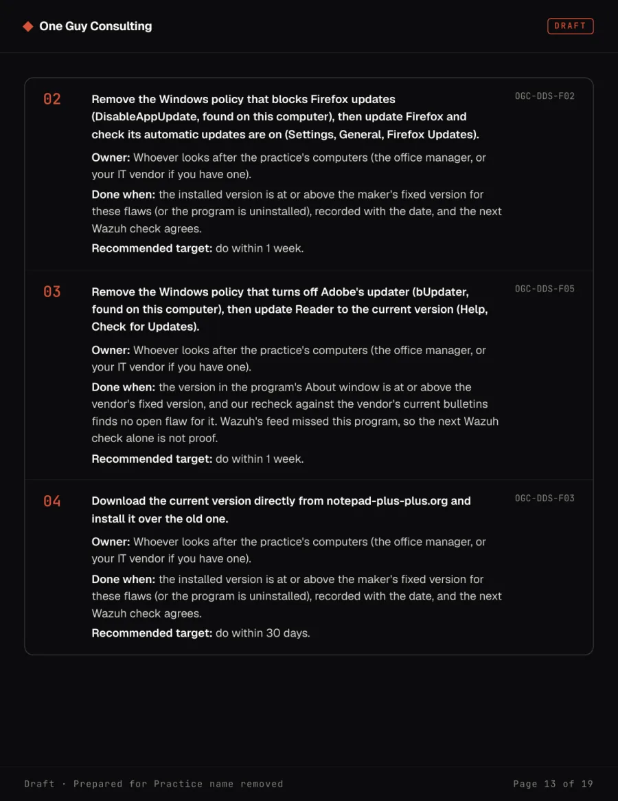 Sample report page: the fix list in order, with who does each fix and by when